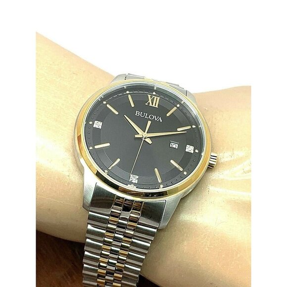 Bulova Men's Watch 98D163 Black Dial Diamond Quartz Two Tone Stainless Steel - Picture 5 of 13